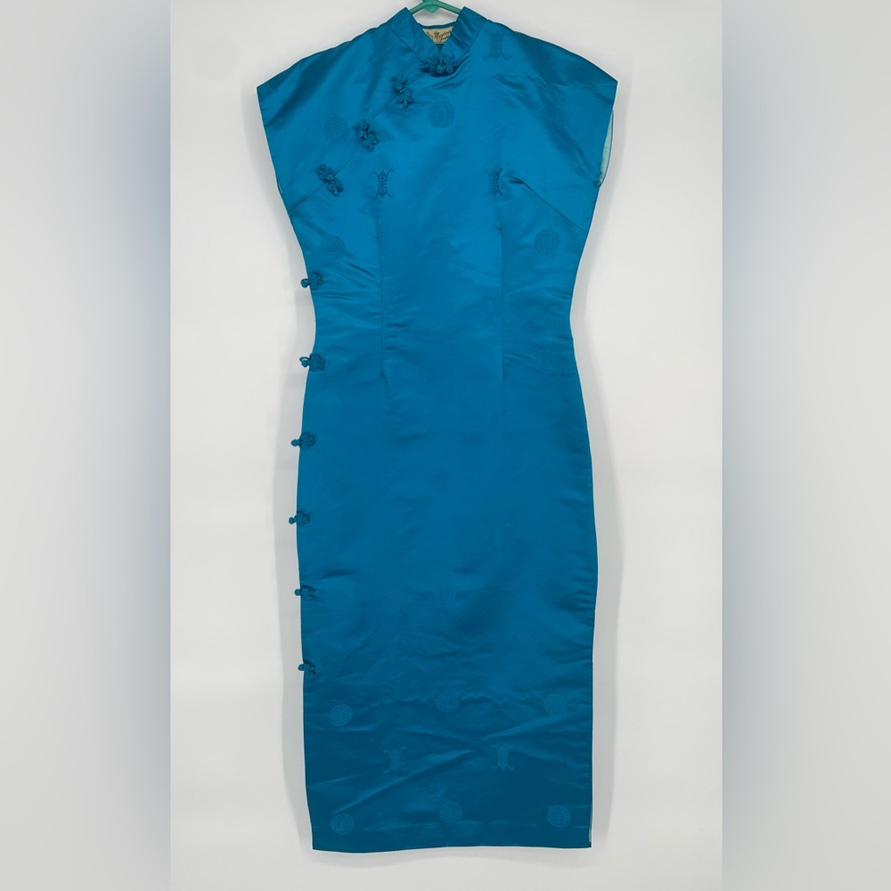 VTG 1960s Mandarin Fashions Aqua Blue Maxi Length Mid Century Cheongsam Dress - Picture 3 of 14